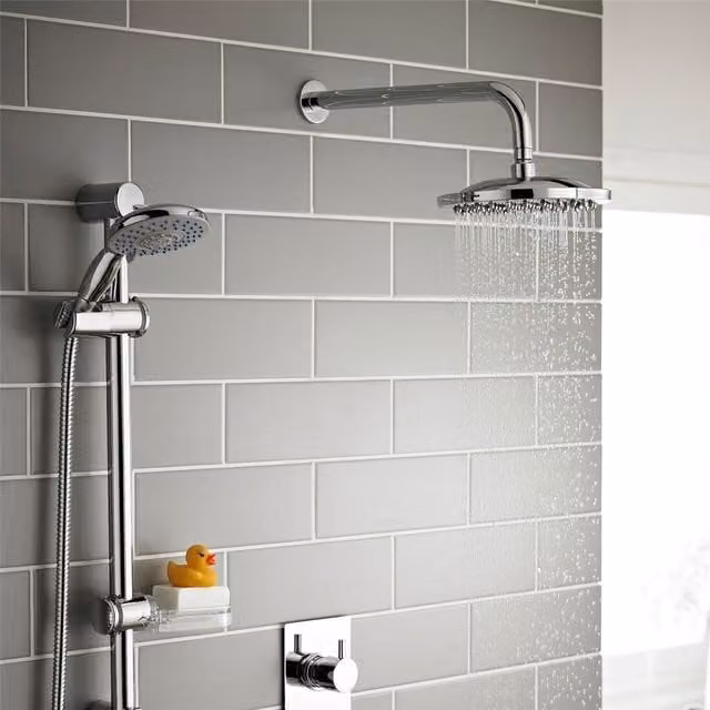 Clifton Chrome Triple Shower Set with Concealed Thermostat, Hung Slide Rail Kit and Overhead Drencher in Silver