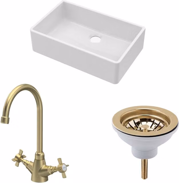 Balterley White Ceramic Single Bowl Butler Sink with Brushed Brass Mono Crosshead Mixer Tap and Waste, Width: 79.5 cm