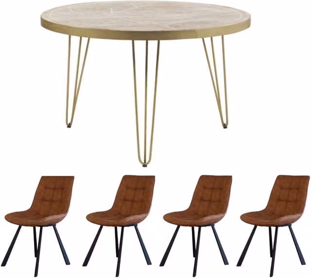 IH Design Dallas Round Mango Wood Dining Table Set with 4 Chairs in Light Wood
