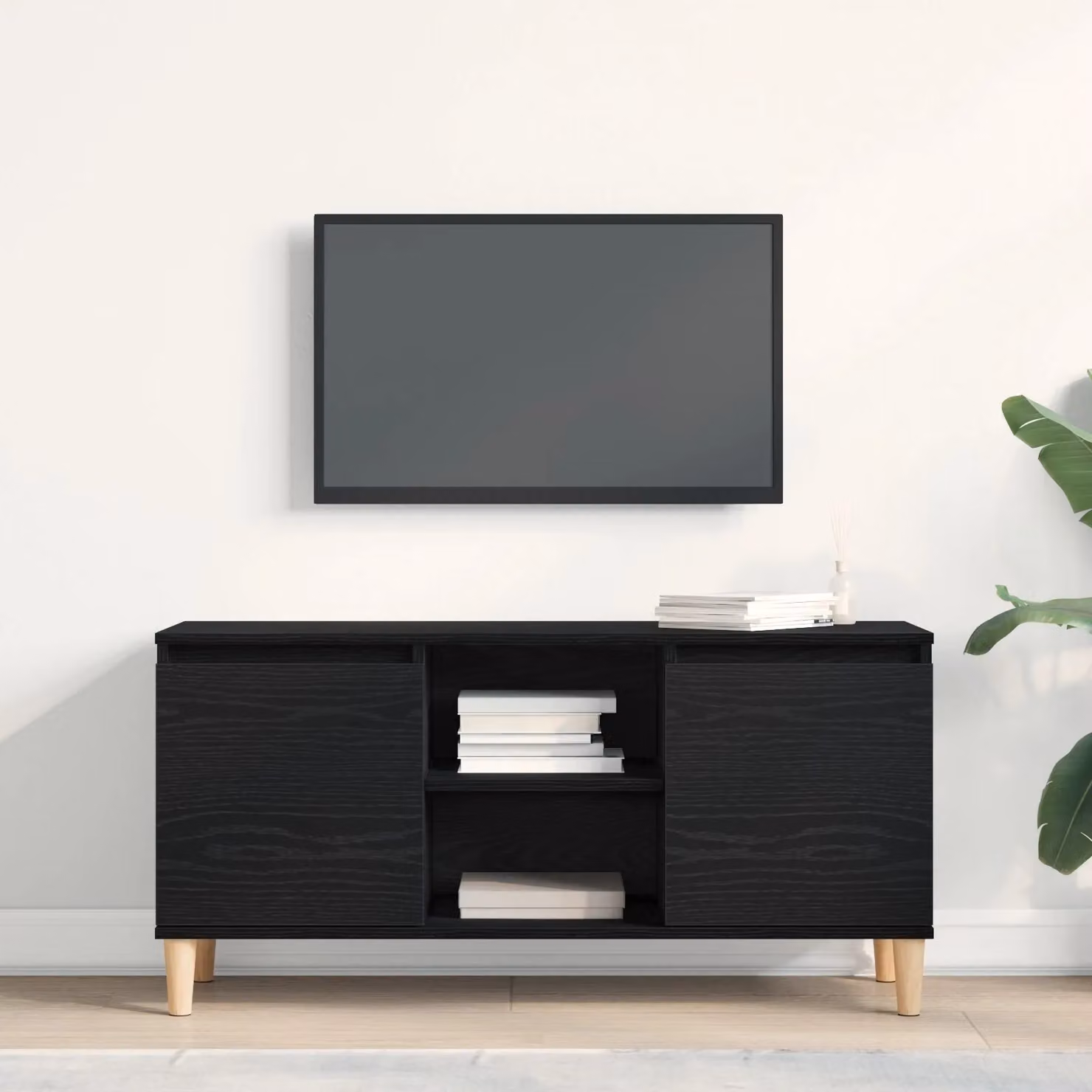 Berkfield Home Modern Black Oak TV Cabinet with Wooden Legs W/D/H: 102 x 35 x 50 cm – 3