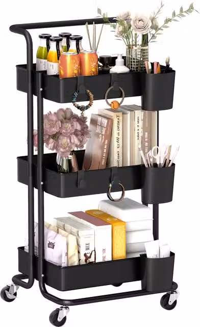 HOMCOM 3 Tier Utility Rolling Kitchen Cart with Removable Mesh Baskets and Hooks, Black – 1