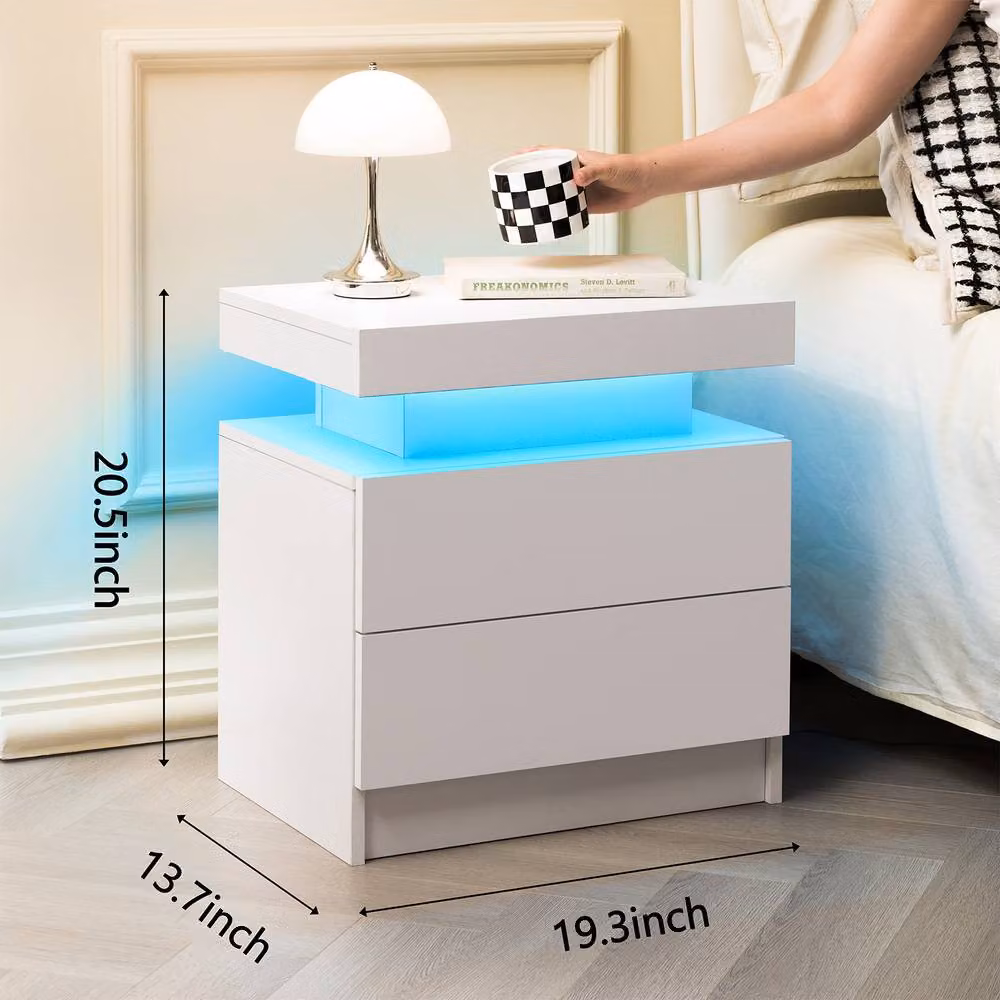 Direct Wicker Modern White Bedside Table with 2 Drawers and Integrated LED Lighting – 2