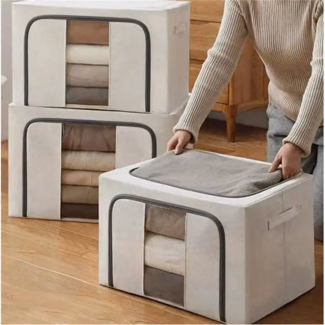 VOGREX 3-Piece Set of Foldable Zipped Fabric Storage Bags for Clothes and Wardrobes in Beige – 1