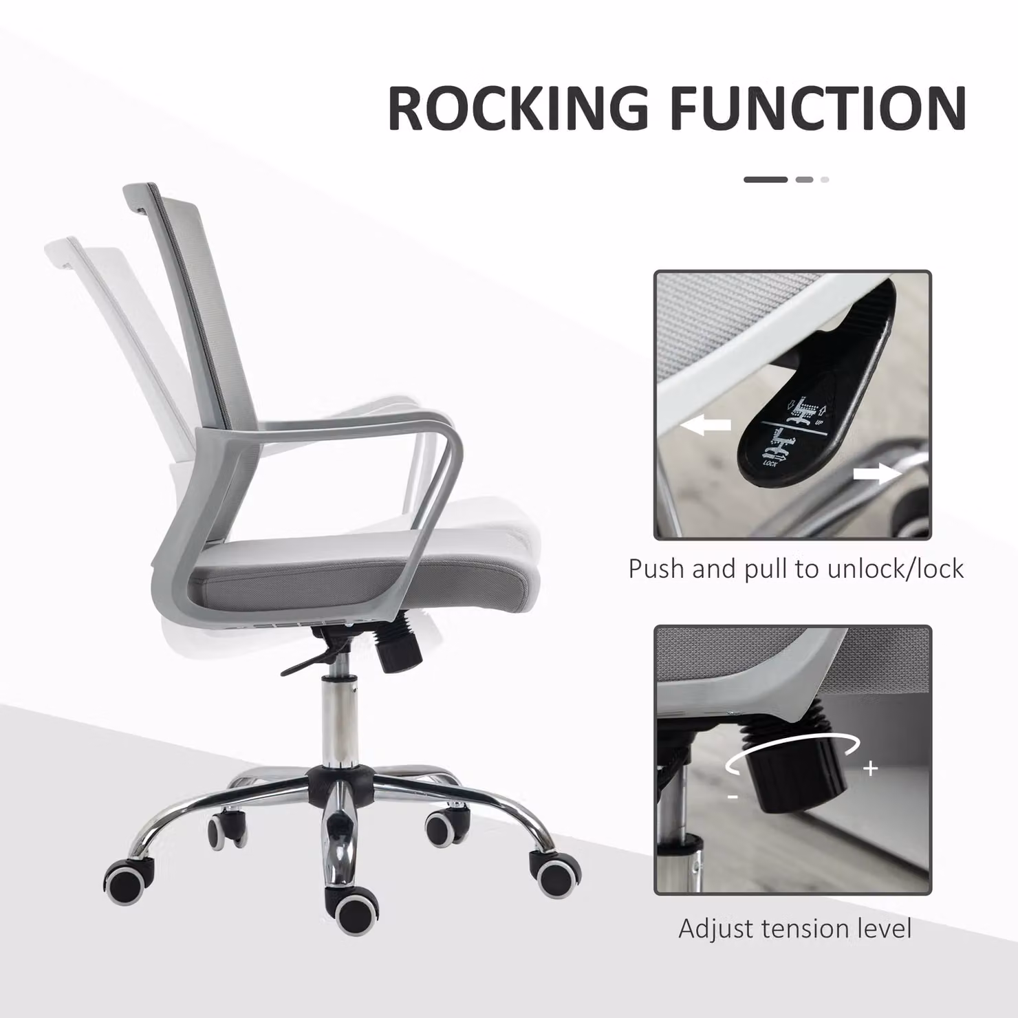 VINSETTO Ergonomic Grey Fabric Office Chair with 360 Degree Swivel and Adjustable Height – 3