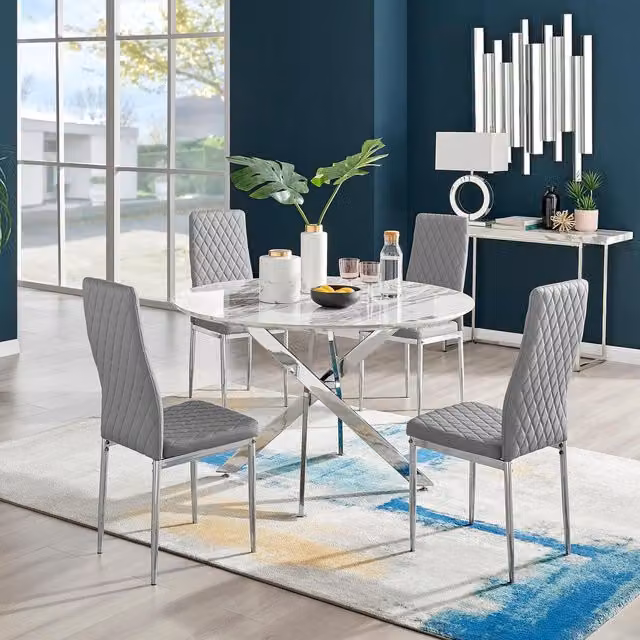 FurnitureboxUK Novara White Marble Round Dining Table and 4 Grey Milan Chrome Leg Chairs, Diameter: 120 cm