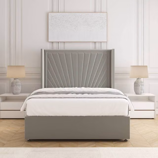 BSSPOKE Alina Divan Bed Set with 54 inch Headboard and Mattress in Silver Plush Velvet, Double Size, W/D/H: 140 x 200 cm
