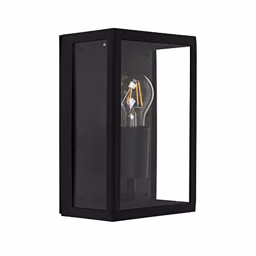 MiniSun Modern Black and Transparent Glass IP44 Rated Outdoor Wall Lantern with E27 LED Bulb, W/D/H: 10.5 x 16.5 x 24.3 cm – 1