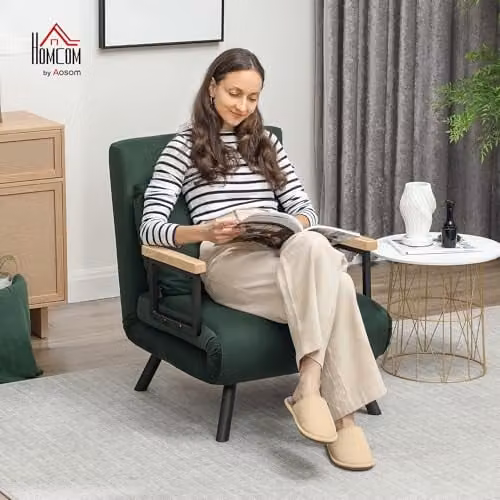 HOMCOM Green Velvet Click Clack Single Chair Bed Settee with Armrests – 2