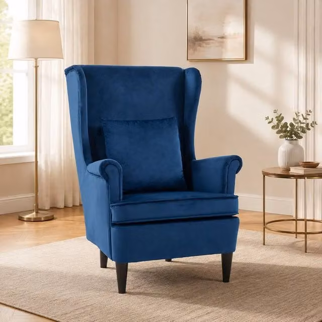 STILVORA Blue Velvet Winged Accent Chair with Armrests and Solid Wood Frame – 1