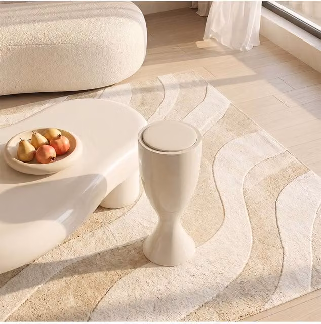Living and Home 13L Goblet-Shaped Plastic Rubbish Bin with Push-Open Lid and Wheels in Beige