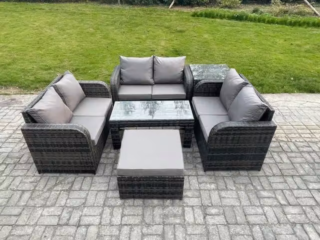 Fimous 7 Seater Rattan Garden Furniture Set with U-Shape Sofa, 2 Seater Sofa, Coffee Table and Ottoman in Dark Grey