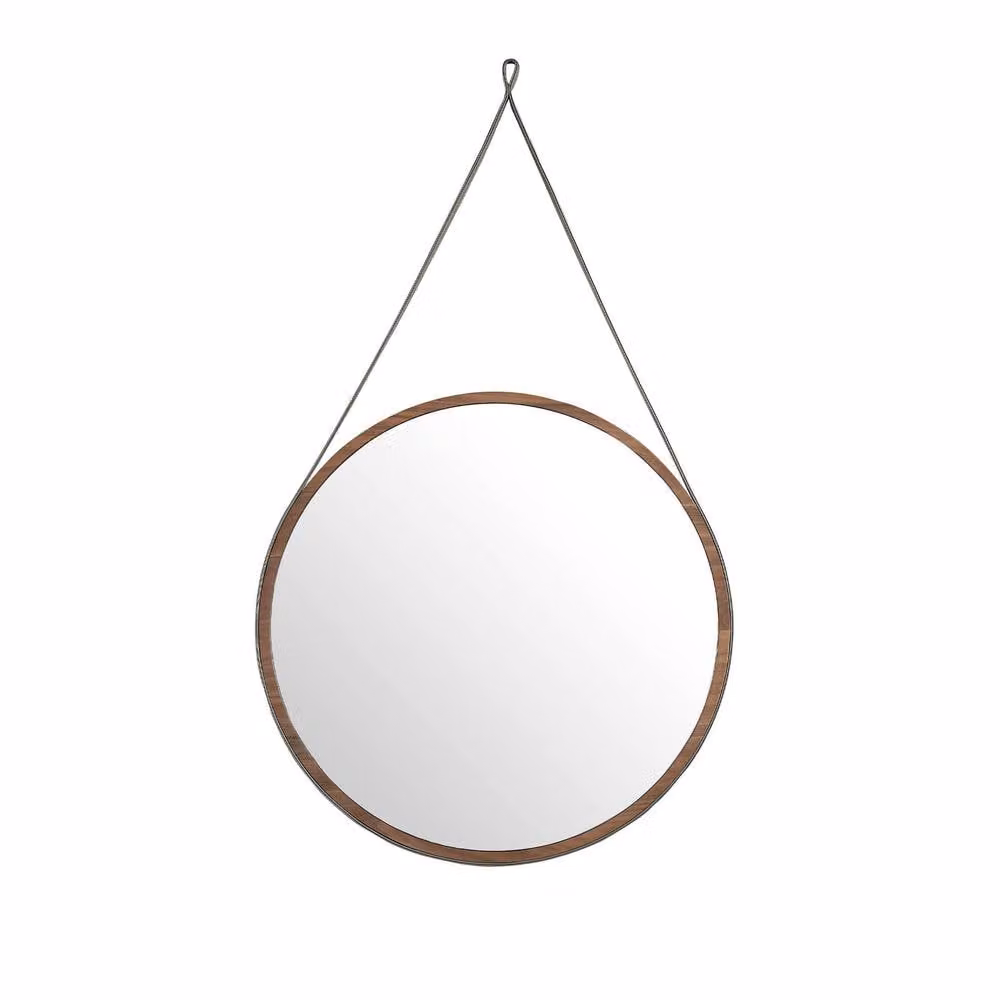 Angel Cerda Round Walnut Wall Mirror in Brown with Leather Strap, Diameter: 75 cm – 1