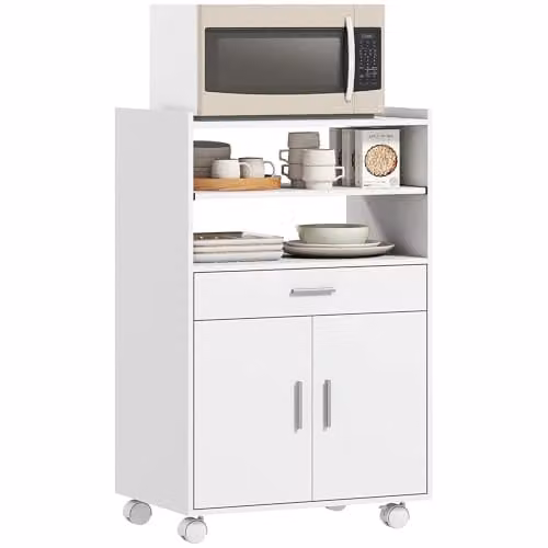 HOMCOM Modern White Kitchen Trolley with Wheels and Hinged Doors, W/D/H: 59 x 40 x 92 cm – 1