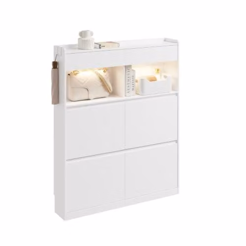 SoBuy Modern White Slim Shoe Cabinet with Integrated Lighting and Tilting Compartments, W/D/H: 120 x 19 x 98 cm – 1