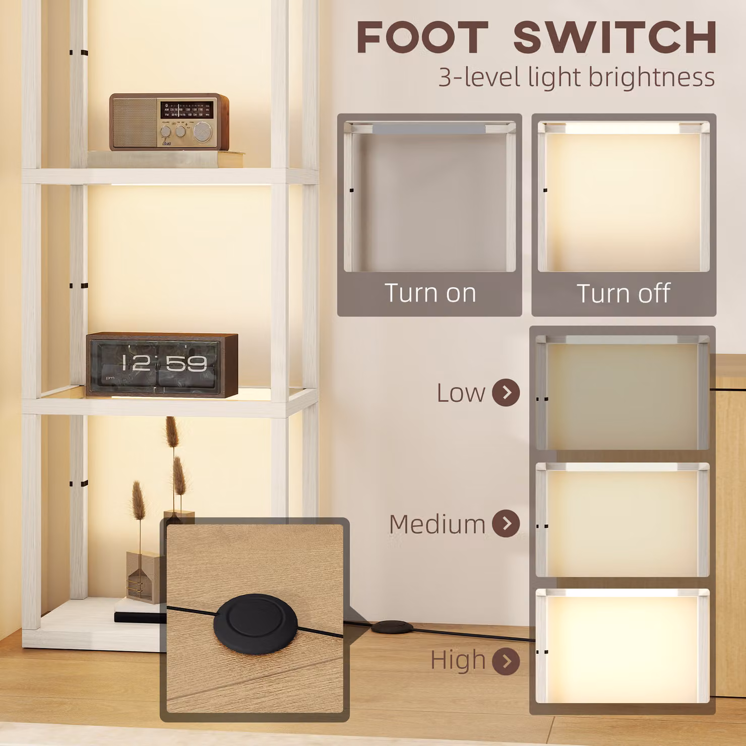 HOMCOM Dimmable LED Floor Lamp with 4 Glass Shelves in White and Wood Finish – 3