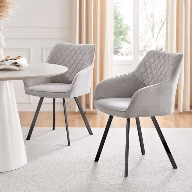 FurnitureboxUK Set of 2 Falun Mid-Century Dining Chairs in Light Grey Fabric with Black Metal Legs