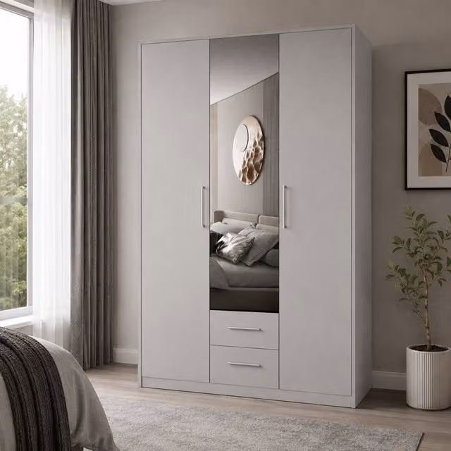 Swindon Matt White 3 Door Wardrobe with Mirror and 2 Integrated Drawers, Width: 120 cm