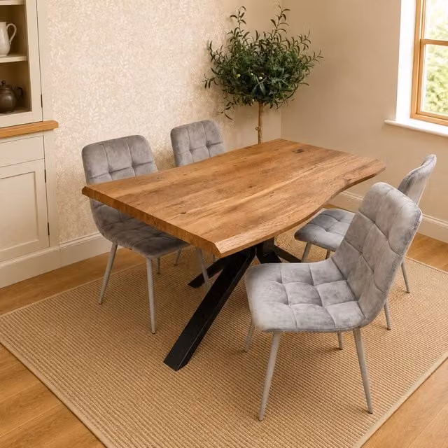 Kosy Koala 4 Seater Dining Set with Rustic Brown Wooden Effect X-Frame Table and 4 Grey Velvet Chairs, W/D/H: 117 x 77 x 75 cm