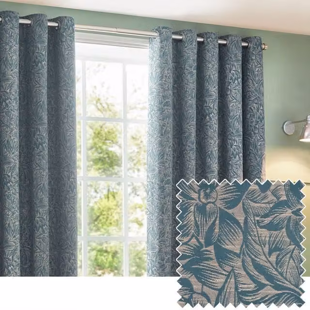 Wylder Nature Grantley Floral Jacquard Eyelet Curtain Pair in Blue, Width: 117 cm, Drop: 137 cm – 1