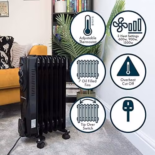 Jack Stonehouse 1500W 7 Fin Oil Filled Portable Electric Radiator, Black, W/D/H: 55 x 40 x 24 cm – 3