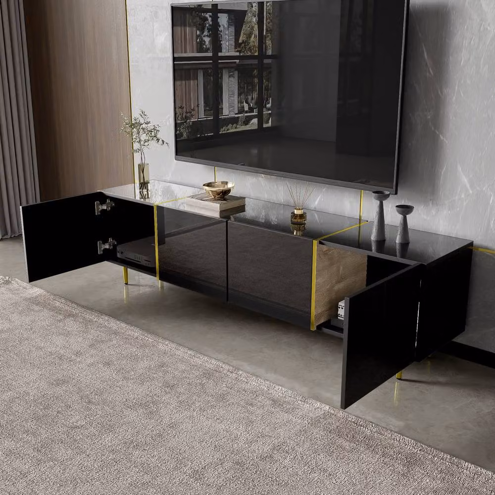 BTM Modern High Gloss Four Door TV Cabinet in Black and Gold – 2