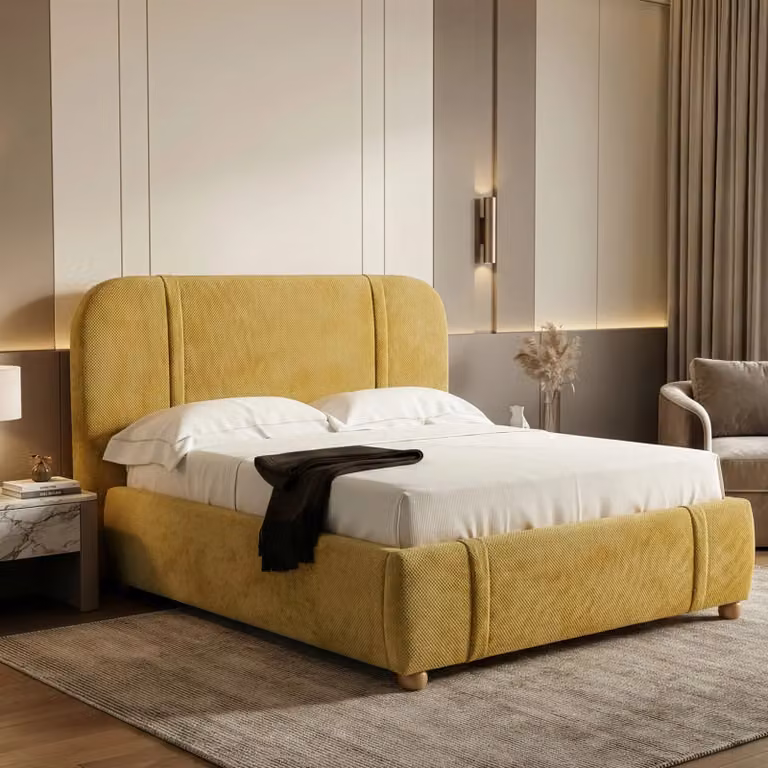 DHS Modern Upholstered Bed Frame with Padded Headboard in Yellow, W/D/H: 140 x 200 cm