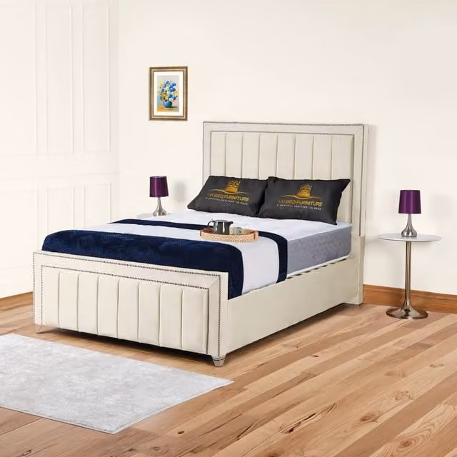 UK Bed Furniture Fiona Upholstered Slatted Base Bed in Cream with 48 Inch Headboard, W/D/H: 140 x 200 cm