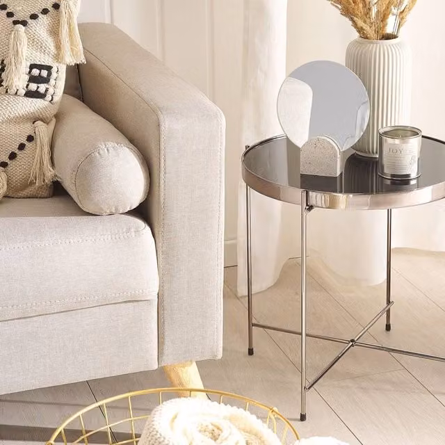 Wyld and Coco Round Side Table with Black Glossy Glass Top and Silver Metal Legs, Diameter: 40 cm, Height: 44 cm – 1