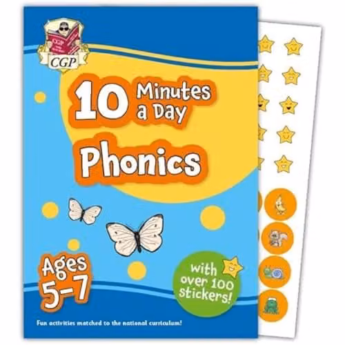 CGP 10 Minutes a Day Phonics for Ages 5-7 Activity Book and Cards with over 100 stickers – 1