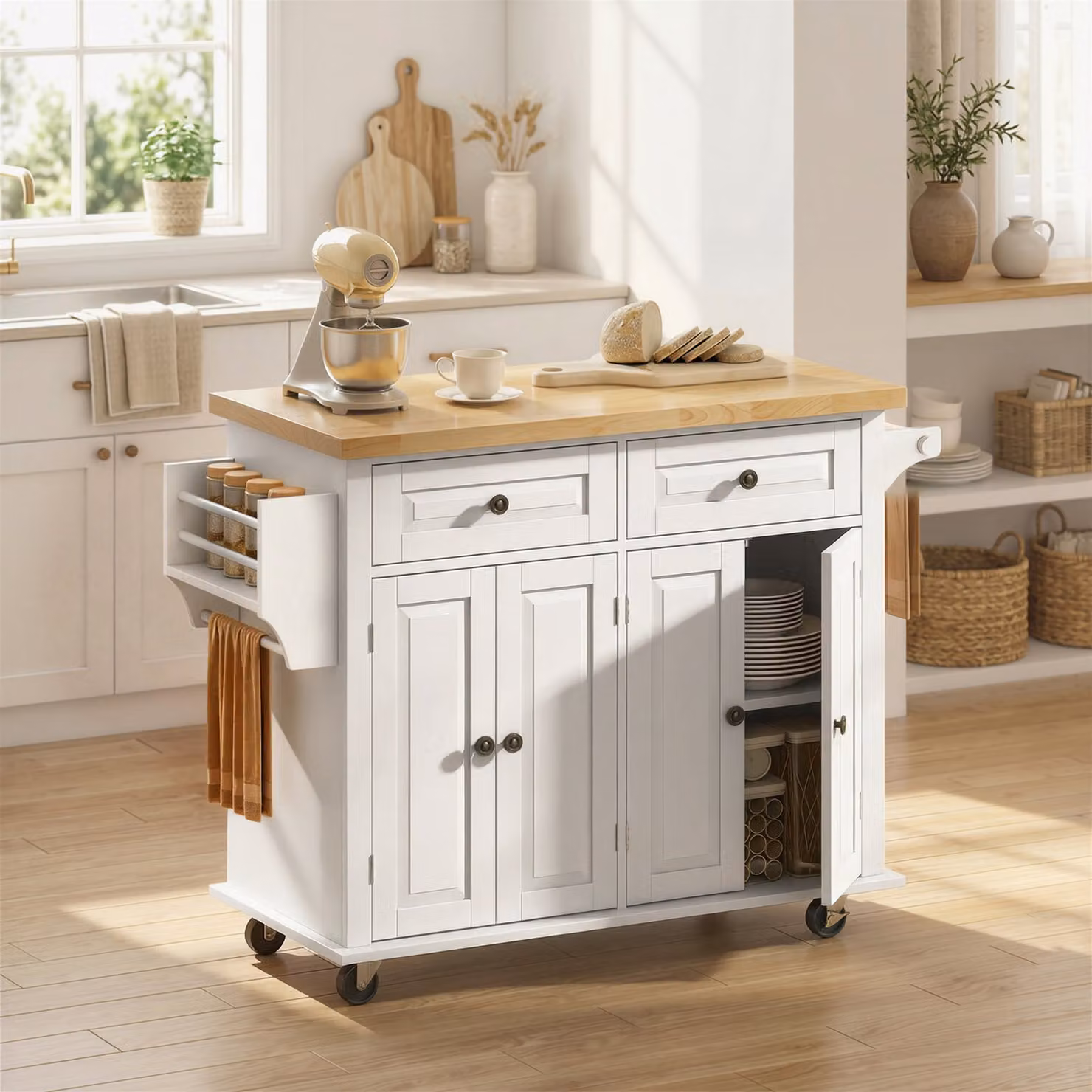 HOMCOM Rolling Kitchen Island Trolley with Rubberwood Top and Drawers, White – 2