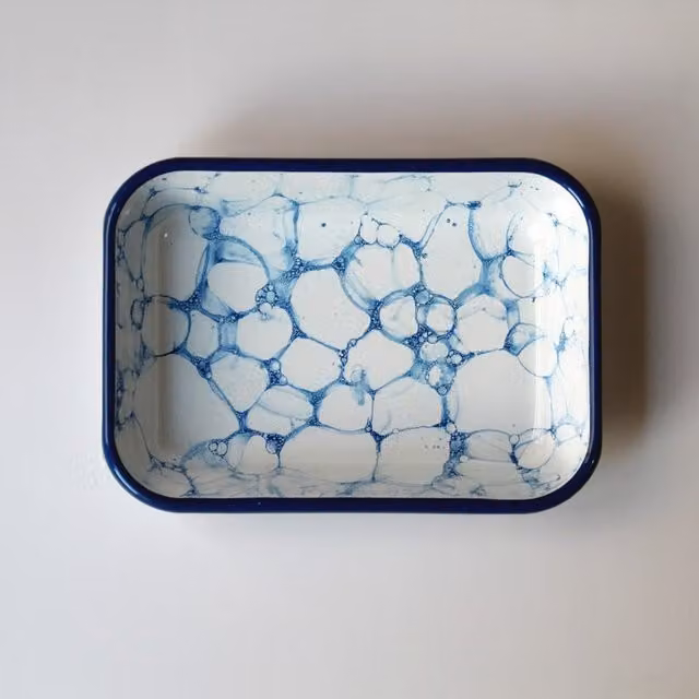 Elifle Bubble Enamel Rectangular Tapas Antipasti Mezze Platter, White and Blue, 21 cm