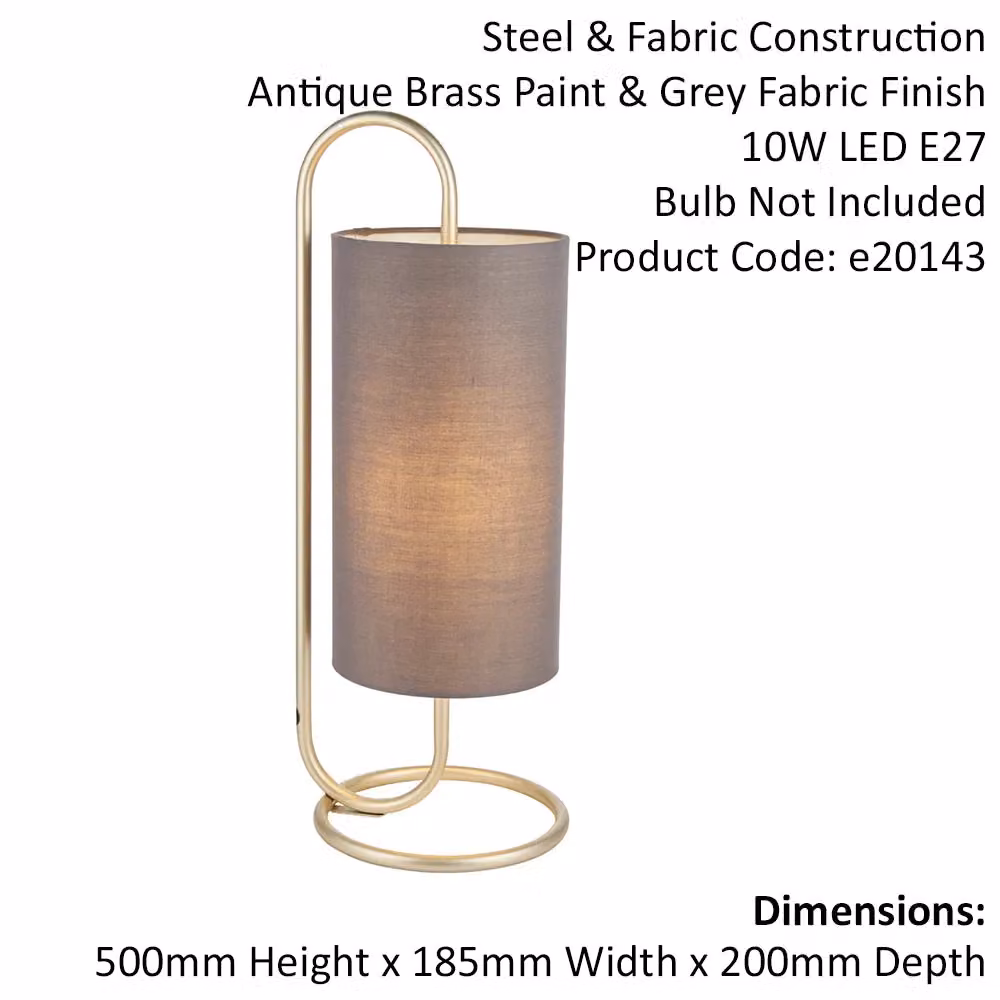 Loops Modern Oval Table Lamp in Antique Brass with Grey Fabric Cylinder Shade – 2