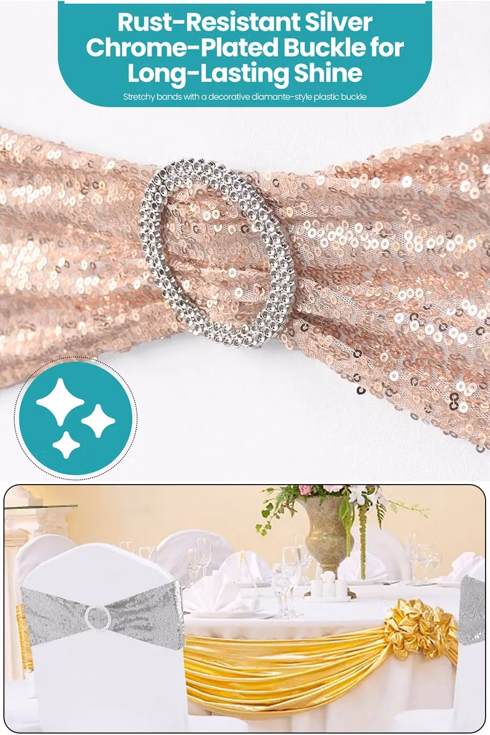 Neel Blue Sequin Chair Band with Slider Buckle and Rose Gold Stretchy Fabric Sash