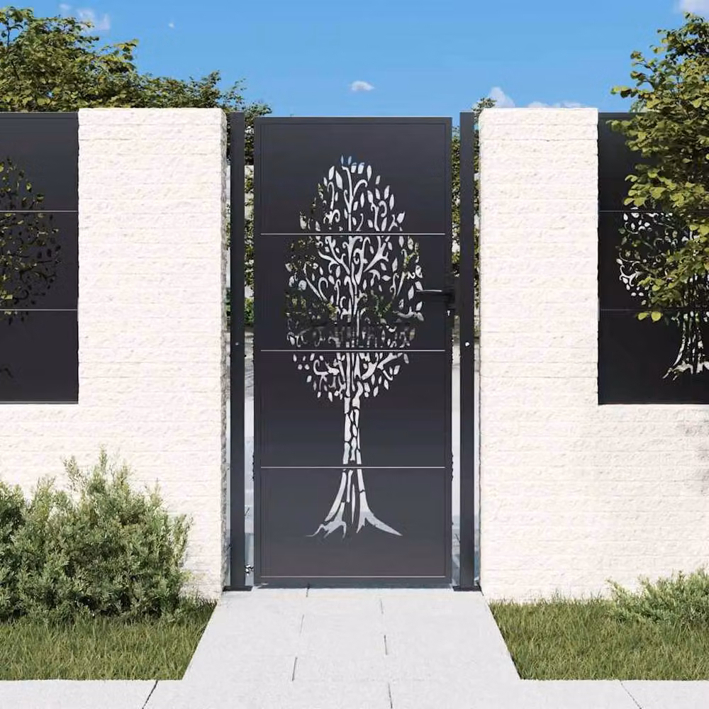 Berkfield Home Beautiful Garden Gate in Anthracite Grey Steel with Tree Design, W: 105 cm, H: 180 cm – 2