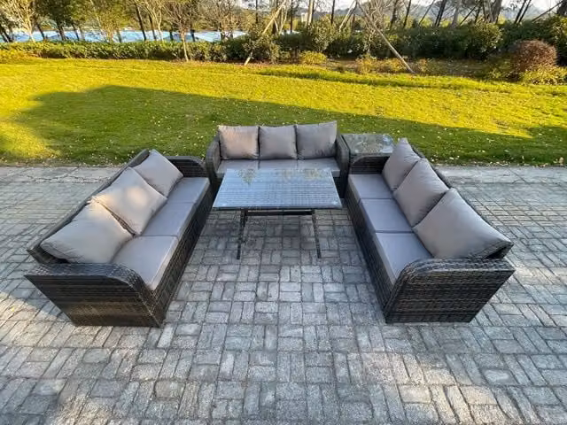 Fimous 9 Seater Wicker Rattan Garden Furniture Set with Rectangular Dining Table and Side Table in Dark Grey