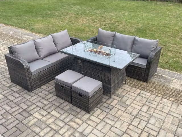 Fimous 8 Seater Rattan Garden Furniture Set with Fire Pit Table in Dark Grey