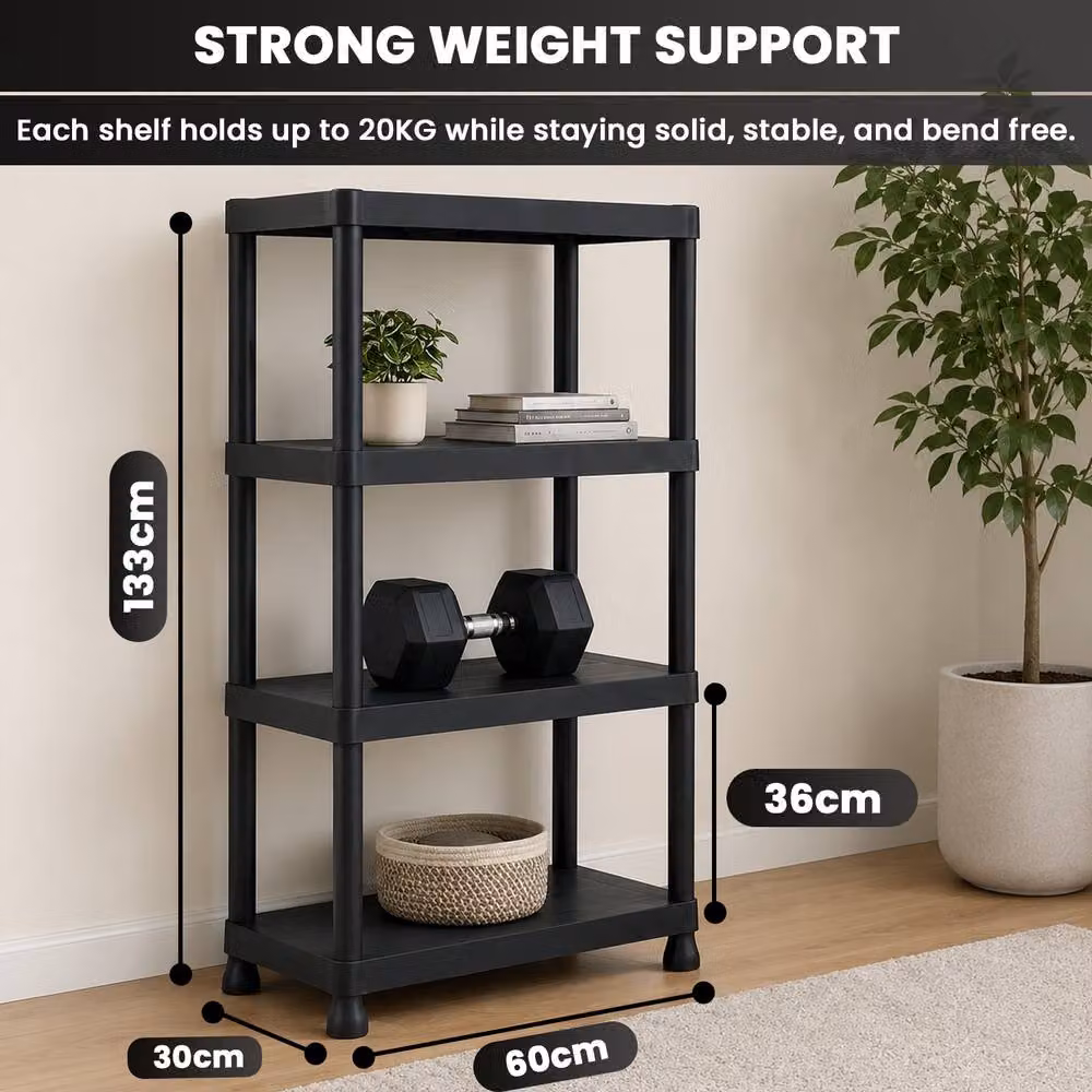 MANTRARAJ 3 Tier Heavy Duty Black Plastic Storage Shelving Unit, H x W x D: 91 x 60 x 30 cm – 6