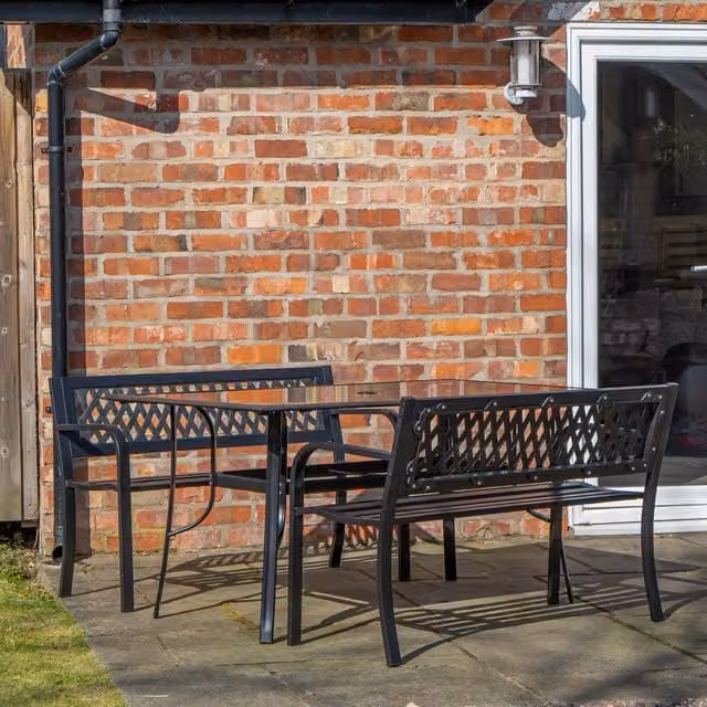 Samuel Alexander Black Rectangular Glass Top Garden Dining Table and 2 Benches Set W/D/H: 220 x 90 x 71 cm – 1