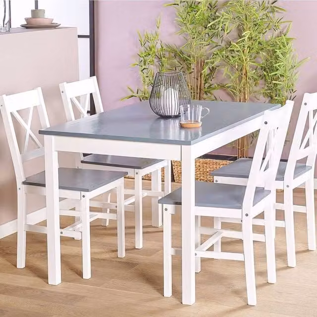 Wyld and Coco 4-Seater Solid Pine Dining Set in White and Grey, W/D/H: 120 x 75 x 75 cm