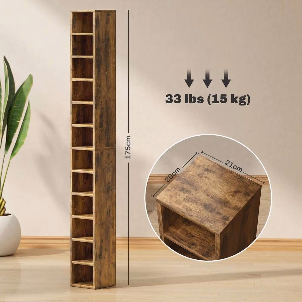 FORGEVIO 204 CD Storage Tower, 12-Tier Tall Freestanding Wood Storage Unit in Brown, H 175.0 cm x W 21.0 cm – 2
