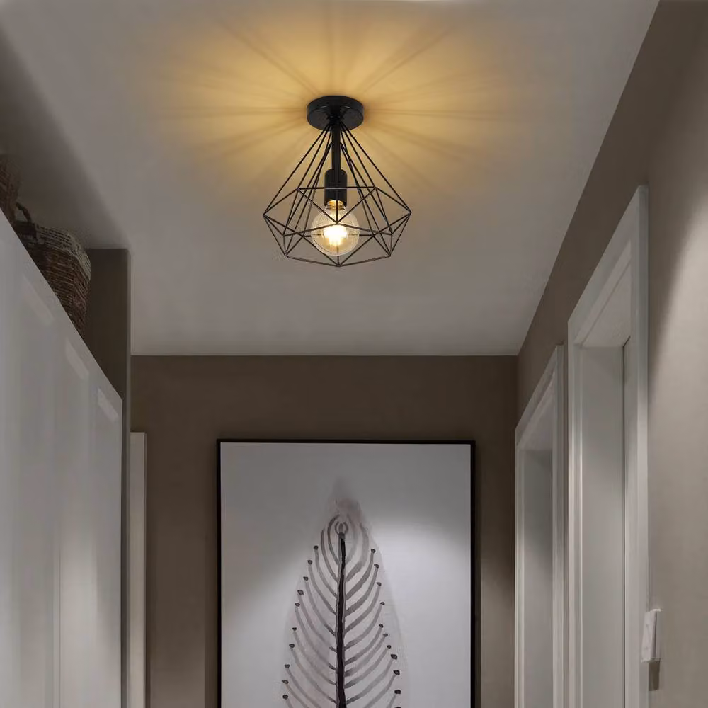 Goeco Industrial Diamond Cage Semi Flush Mount Ceiling Light in Black – 2