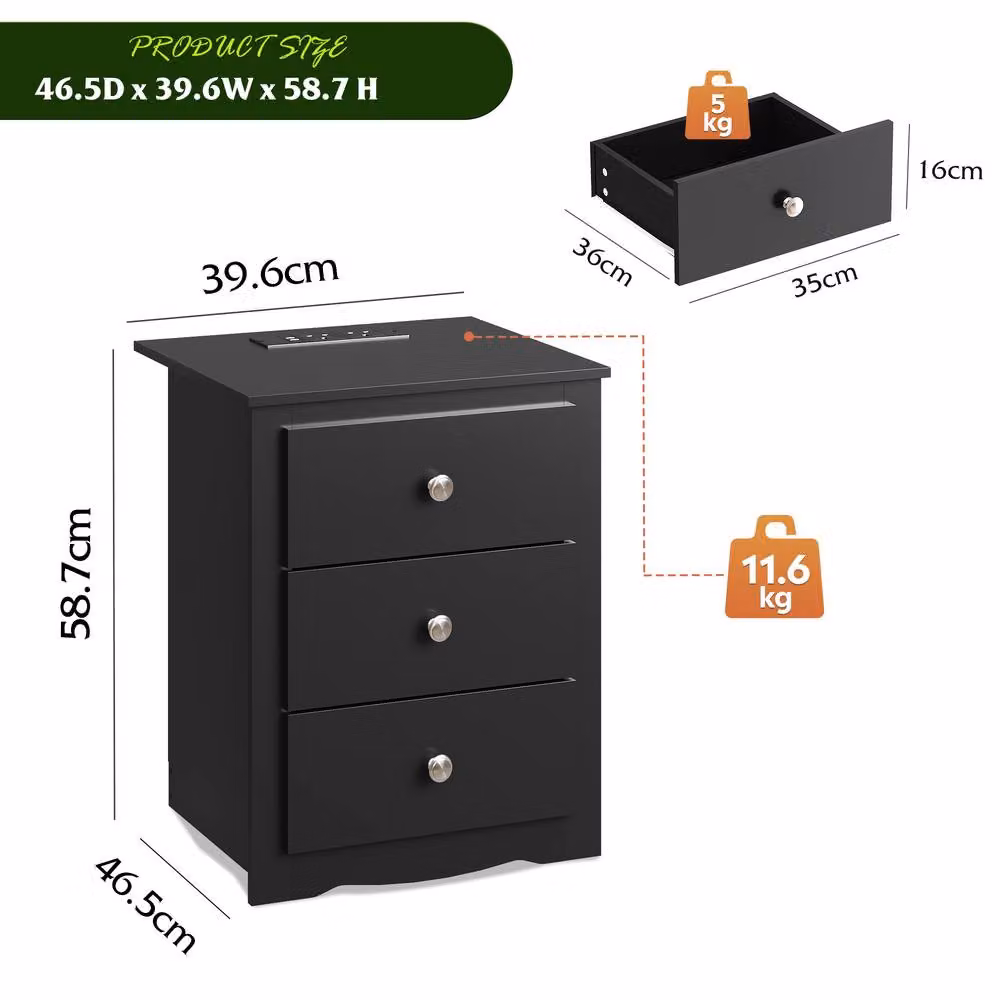 Rolipo 3-Drawer Wooden Bedside Table with Charging Station in Black – 4