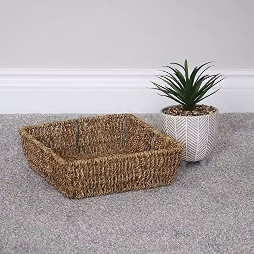 JVL Hand Woven Seagrass Square Storage Tray Set of 3 in Sand and Brown, H: 8 cm, W: 25 cm, D: 25 cm – 3