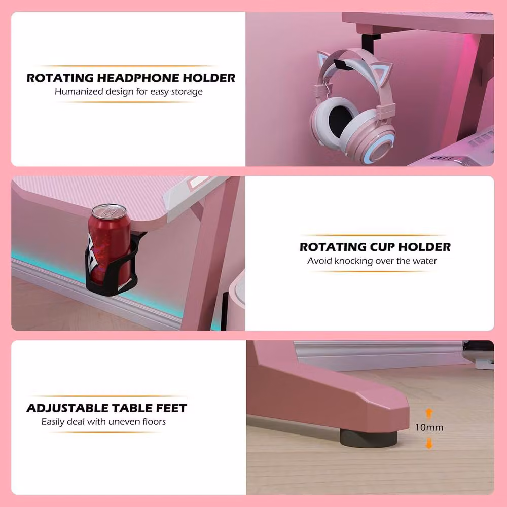 KEEPREAPER Pink Gaming Desk with LED Lights and Cup Holder, W: 155.0 cm, D: 60.1 cm, H: 44.9 cm – 3