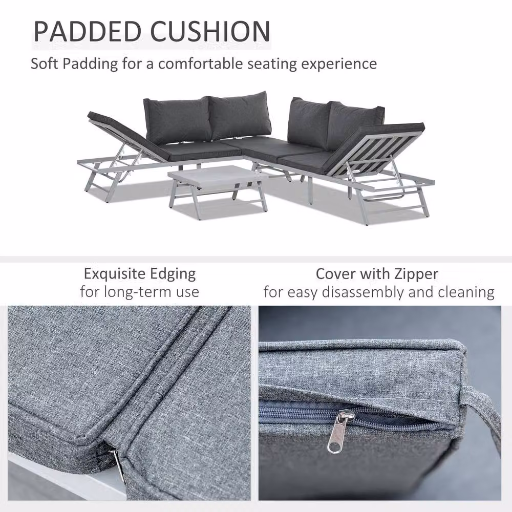 ERGOVEXA 6 Seater Grey L-Shape Garden Furniture Set with Upholstered Cushions and Powder Coated Steel Frame – 6