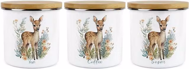 Purely Home Baby Deer Floral Ceramic Kitchen Canister Set of 3 in White