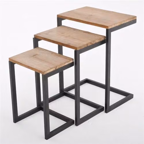 FWStyle Nest of 3 Metal Nesting Tables with Wood Effect Tops and Black Frame – 1