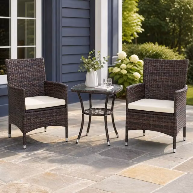 STILVORA 3-Piece Bistro Set with Cushions in Brown Rattan Look and Matt Steel – 1