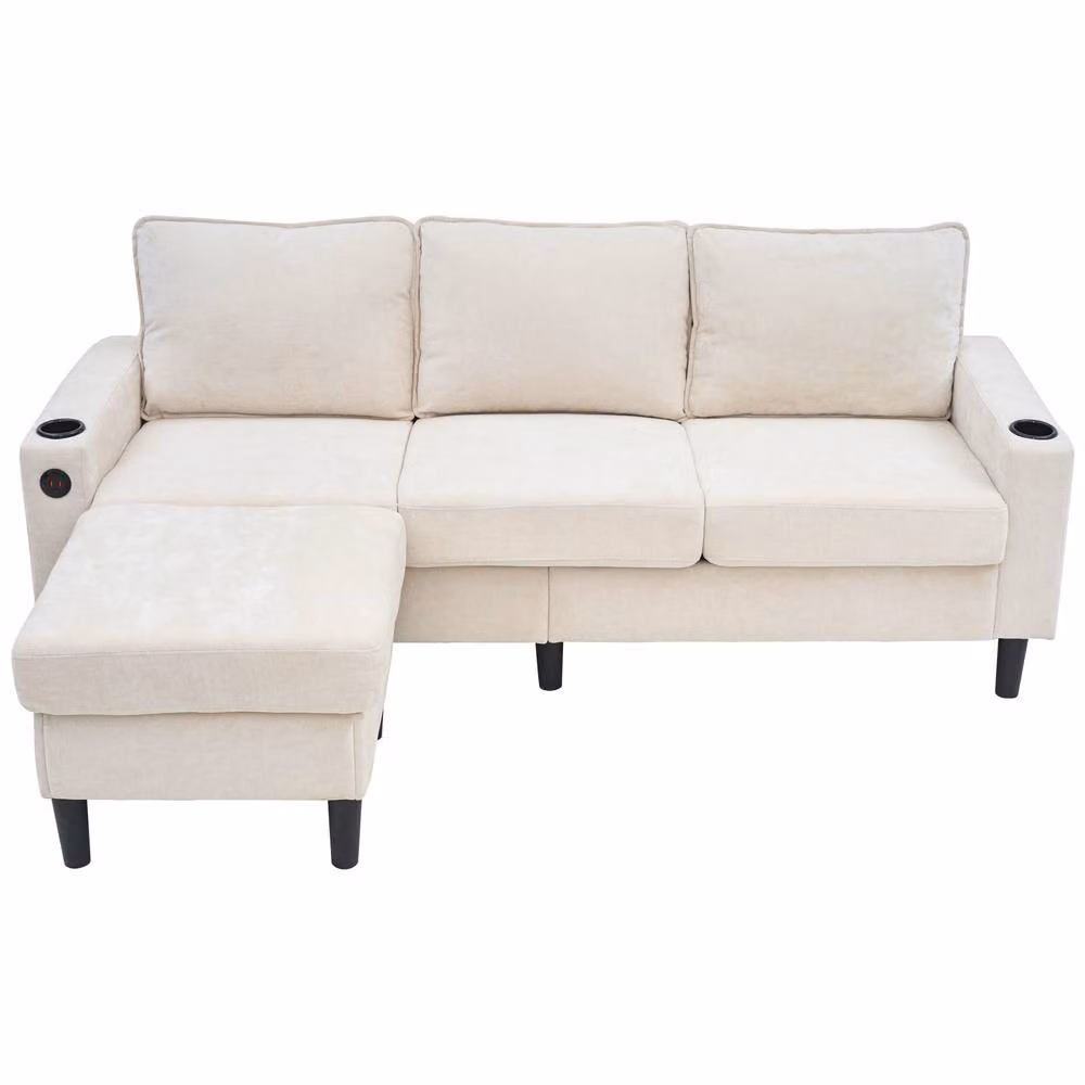 BTM L-Shaped Sectional Sofa in Beige with USB Charging Ports and Cup Holders, W/D/H: 202 x 137 x 80 cm – 3