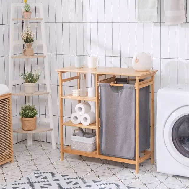 Costway Bamboo Laundry Hamper Stand with Removable Fabric Bag in Brown